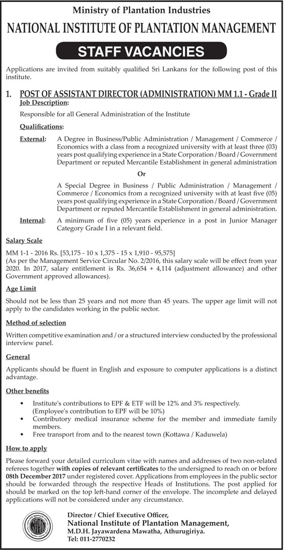 Assistant Director (Administration) - National Institute of Plantation Management